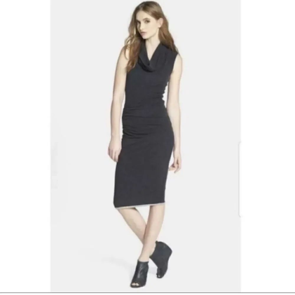 STANDARD JAMES PERSE Midi Dress Sz 4 L Dark Gray Cowl Neck Ruched Lined NEW